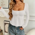 thumbnail image 2 of CUZIBR Women Square Collar T-Shirt Slim Fit Long Sleeve Button Down Thermal Underwear Top Elegant Stretchable Base Layer For Winter Spring Tee Casual Top Blouse,White,M, 2 of 6