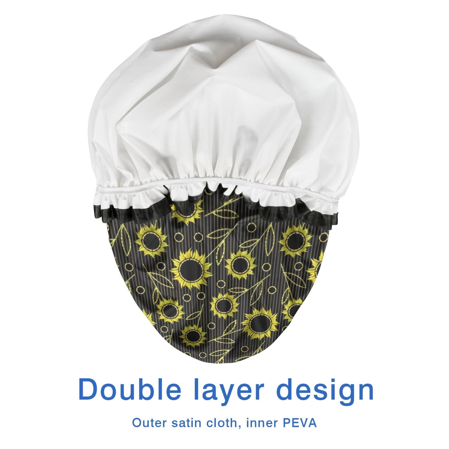 Shower Caps,Black Sunflower Leaf Pattern Waterproof Shower Cap for Women 4 Pieces,Double Reusable Hair Cover for Shower PEVA Elastic Stretch Hem