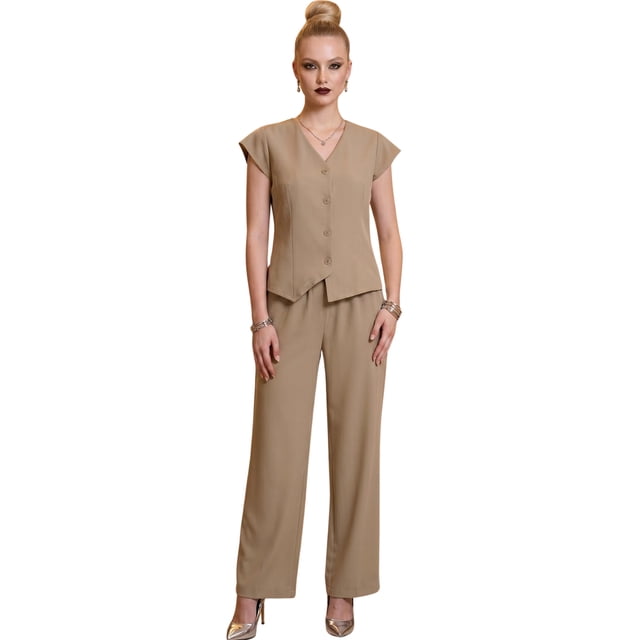 Conjunto 2 Piezas Elegante, Chaleco con Botones y Pantalón de Pierna Amplia, Look Sofisticado para Mujer