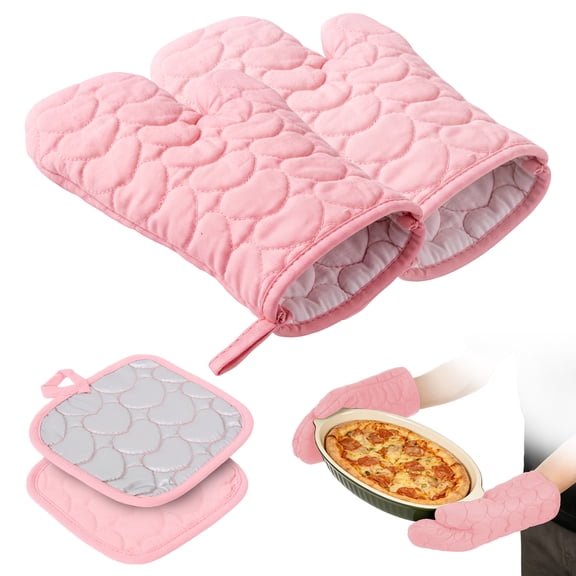 4-Pcs Cotton Oven Mitts and Pot Holder Sets, 12 Inch Heat Resistant 500°F Kitchen Mittens for Baking,Pink