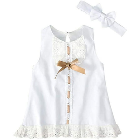 

Infant Baby Girls Summer Clothes Sleeveless Lace Ruffle Princess Dress + Bowknot Headband Princess Dress