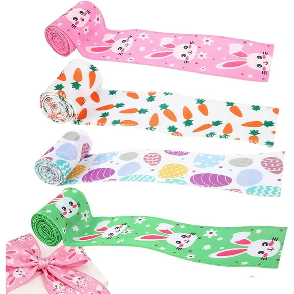 4-Piece Wired Easter Fabric Ribbon Rolls - Garland & Wreath Decorative Supplies for Home, School, Farmhouse & Spring Party Decor(XX)