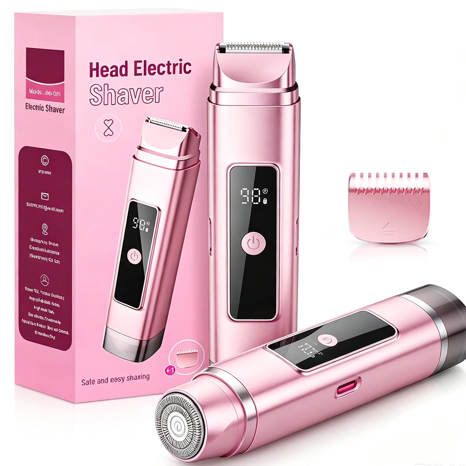 Nogroa 2 in 1 Women Electric Shaver, Dual Head Bikini Trimmer for Women, IPX7 Waterproof Wet & Dry Body Pubic Hair Trimmer, Cordless Lady Electric Razor for Face, Underarm & Legs, Pink