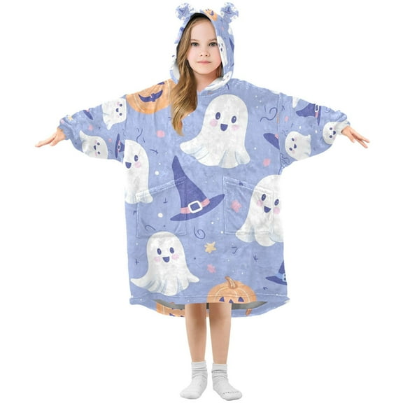 FORMRS Wearable Blanket Hoodie with Sleeves for Kids Cozy Flannel Sweatshirt, Blue Halloween