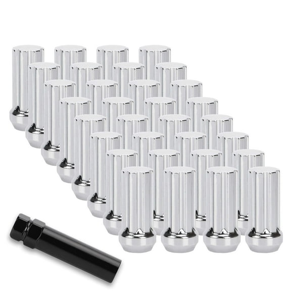 M14x1.5 Wheel Lug Nuts, 32pcs Chrome 14mmx1.5 Spline Closed End Lug Nut 2 Inch Tall with 1 Socket Key for Chevy GMC F250 F350 8 Lug Aftermarket Wheels