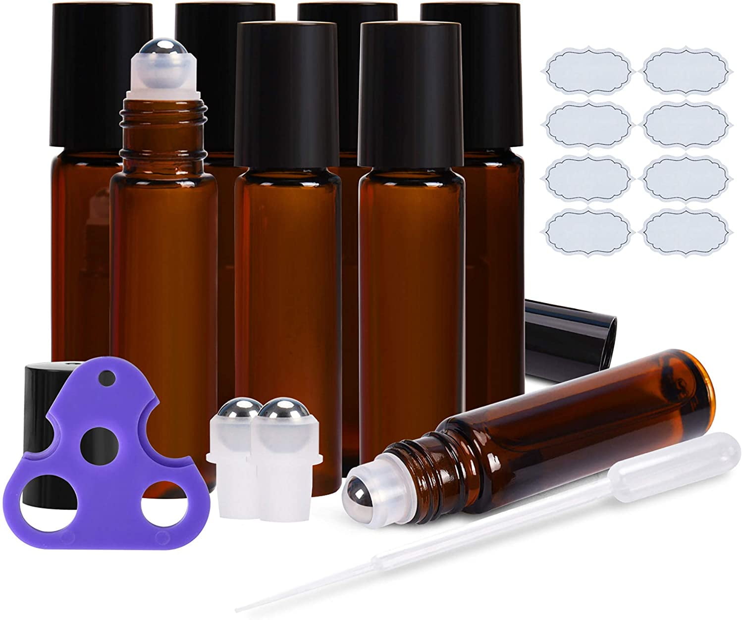 Roll on Bottles 10ml Amber Glass Empty Bottles 8 Piece ULG with Stainless Steel Roller Ball 2 Extra Balls 8 Piece Waterproof Labels 1 Opener and 3ml ...