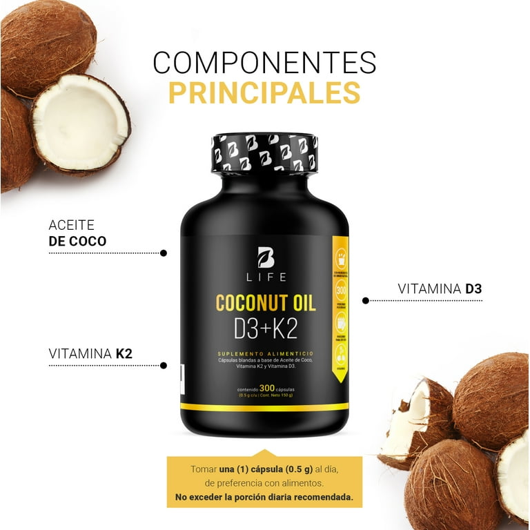 Vitamina D3 400 UI + K2 para mayor Absorción y Efectividad 300 Softgels. Ingredientes naturales. Coconut Oil D3 + K2 B Life. BLIFE Cápsulas