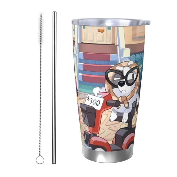 Silaia Bluey Print 20 Oz Tumbler, Car Travel Tumblers With Lid And Straw, Stainless Steel Cups, Travel Coffee Mug,Insulated Mug with Lid-Straw Two-piece Set