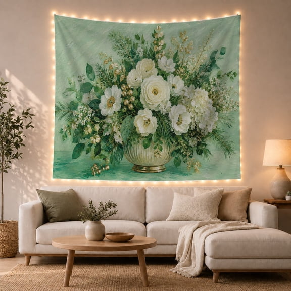Creamy White Roses in Glass Vase Floral Still Life Serene Impressionist Wall Art for Art Lovers Botanical Wall Art Housewarming Gift Tapestry Wall Hanging for Bedroom Living Room and Dorm