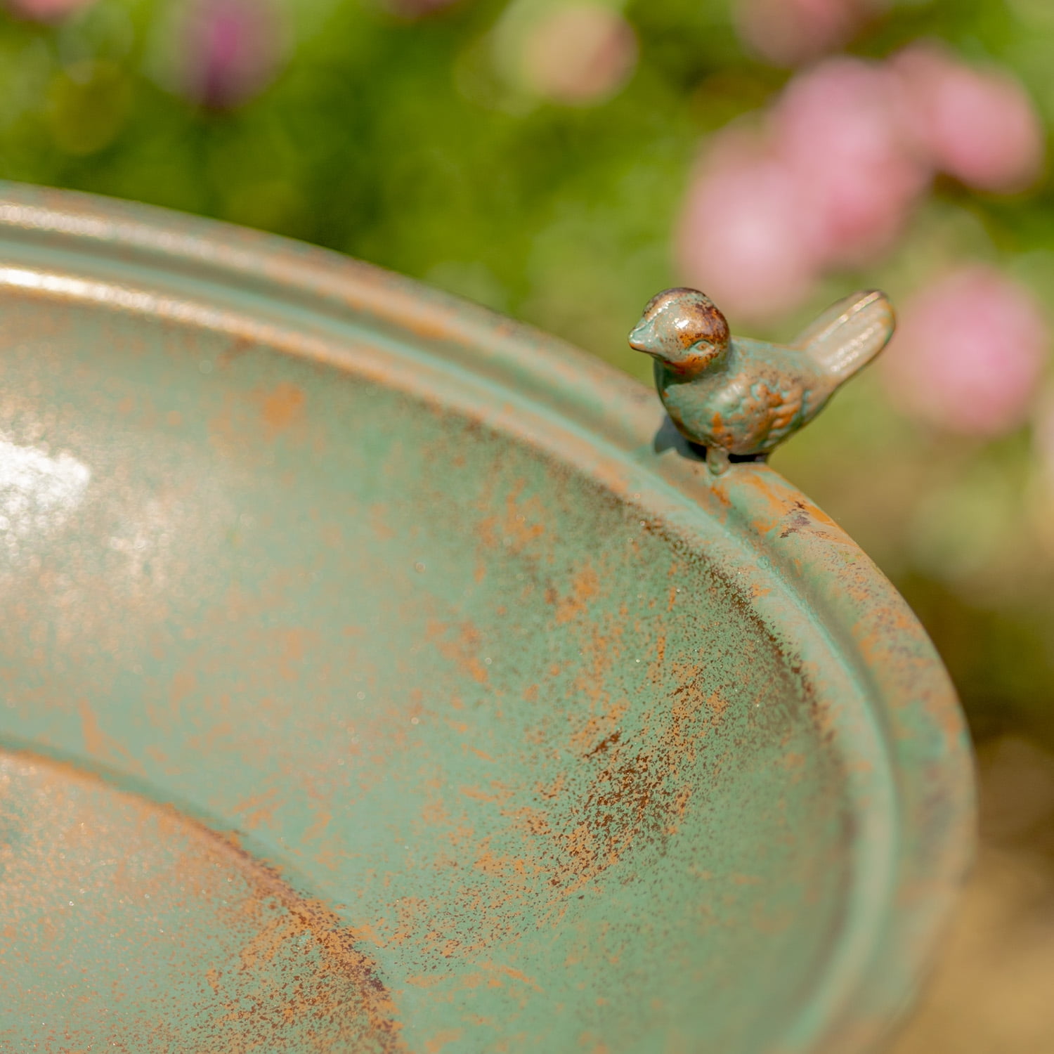 Zaer Ltd. Ornate Pedestal Style Birdbath with Cast Iron Birds on Rim (Bronze)