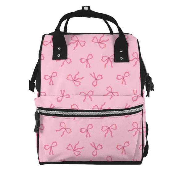 Ratiio Pink Bows Mummy Backpack - Waterproof Twill Canvas, Large Capacity Diaper Bag with Multiple Pockets and Adjustable Straps