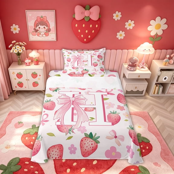 meiyoeat Bowknot Letter Twin Sheets, Fruit Strawberry Bedding, Pink, Pink Reversible, 1 Flat Sheet, 1 Fitted Sheet and 1 Pillowcase