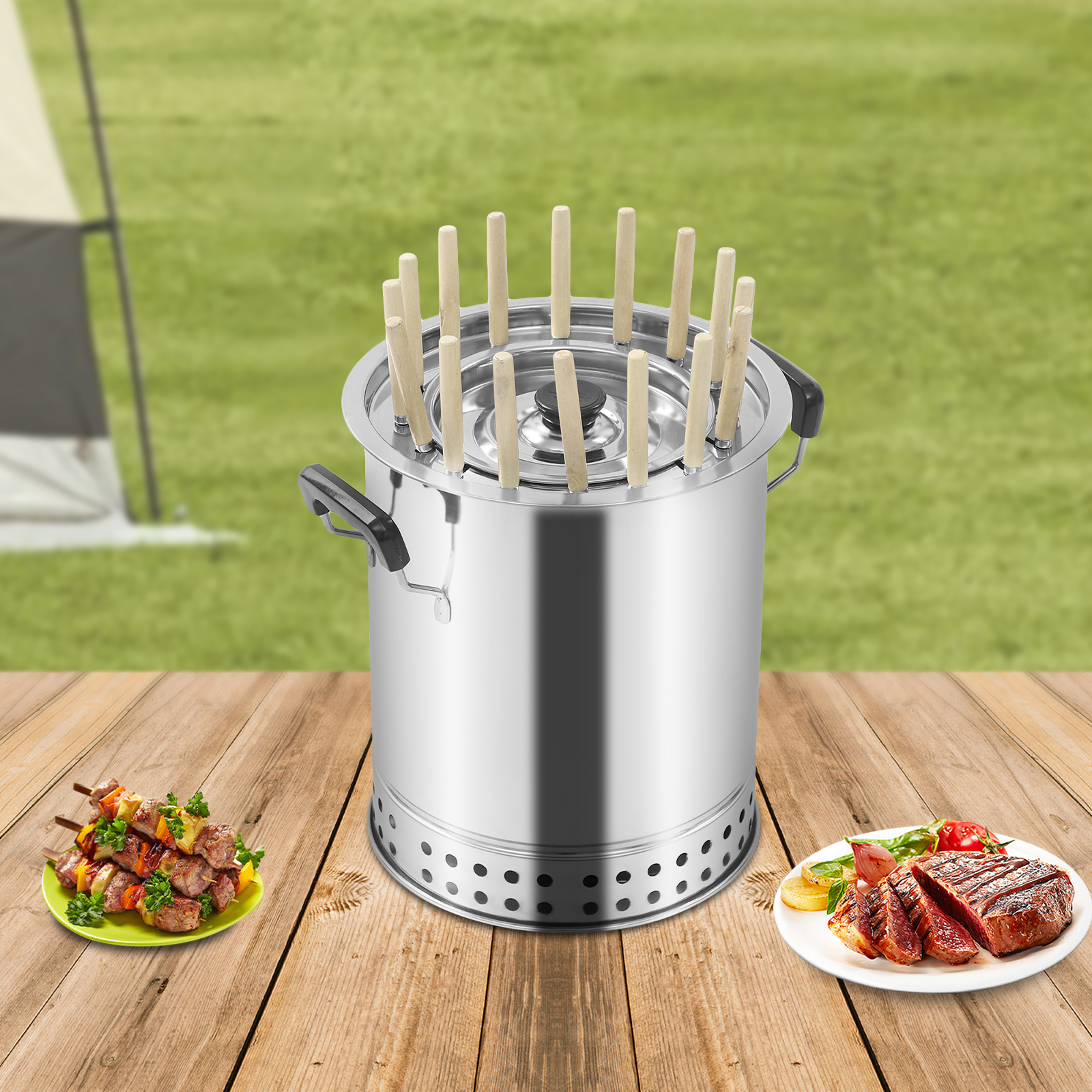 Silver 16-Skewer BBQ Charcoal Grill, 10.2*11.8in, Portable,  Ideal for Travel & Outdoor Cooking