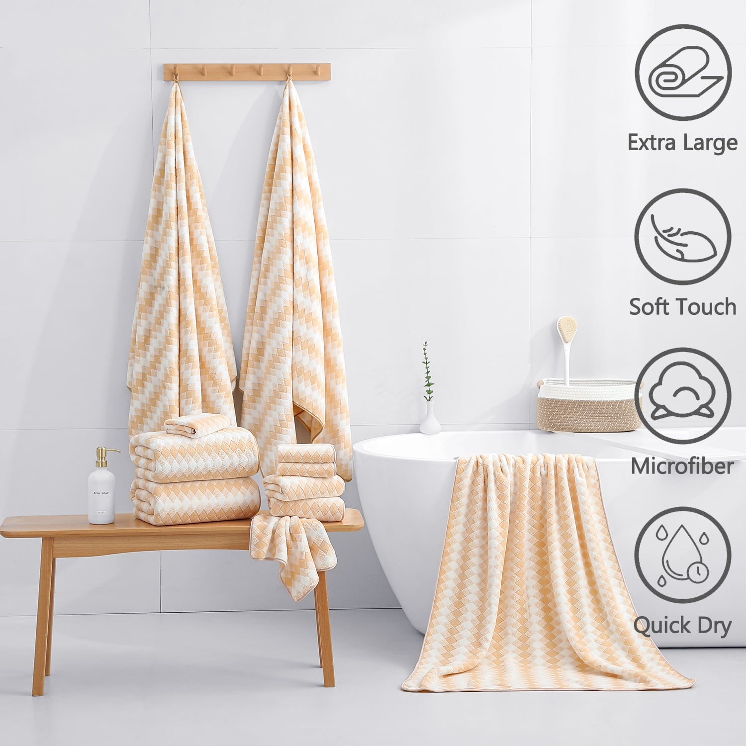 Beartech 8 Piece Microfiber Bath Towel Set 2 Oversized Bath Sheet,2 Hand Towels and 4 Washcloths| Ultra Soft & Less lint,Highly Absorbent Quick Dry Shower Towel For Bath Hotel-Apricot Yellow