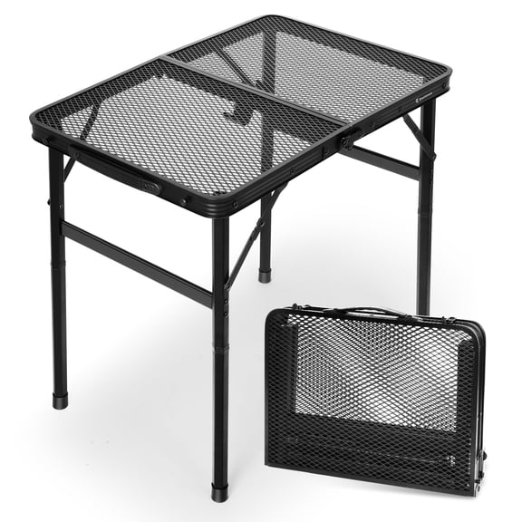 2 ft Small Folding Table with Carry Handle, Adjustable Height 10.6–22 in, Black Metal Mesh, Portable & Compact Indoor/Apartment/Card/Side/Grill Table, 23.6×15.8 in, 4 lb, 66 lb Capacity