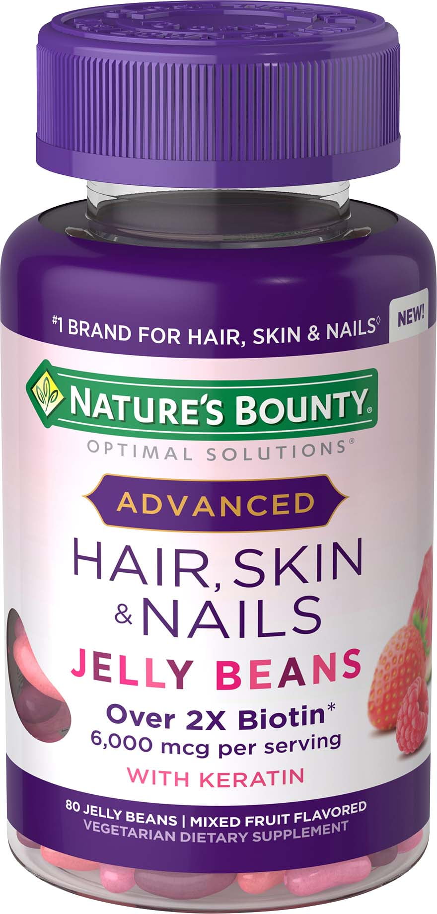 Nature's Bounty Optimal Solutions Advanced Hair, Skin and Nail Biotin & Vitamins A, C, & E Jelly Beans, 80 Count