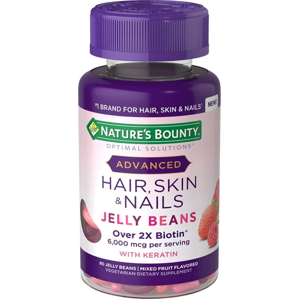 Nature's Bounty Optimal Solutions Advanced Hair, Skin and Nail Biotin &  Vitamins A, C, & E Jelly Beans, 80 Count 