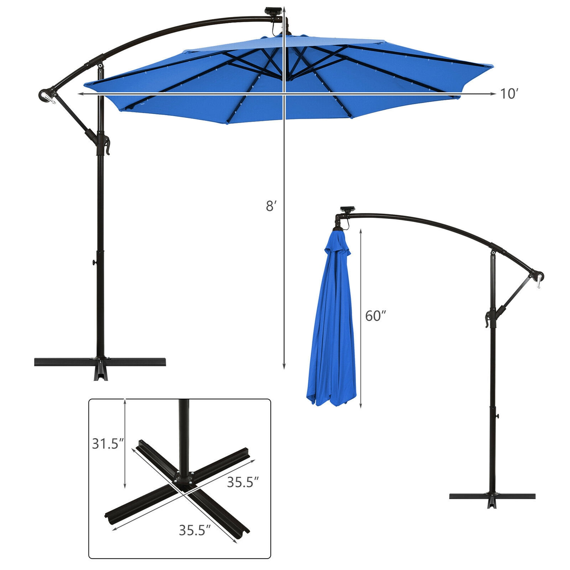 Gymax 10ft Solar Patio Umbrella Outdoor Offset Hanging Umbrella w/ 40 LED Lights Blue
