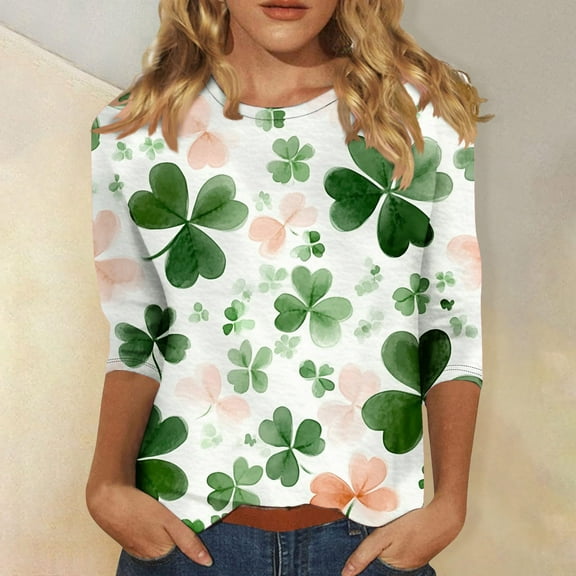 Cavosen Saint Patrick Day Womens Tops Casual 3/4 Sleeve Festival Shamrock Green Print Tees Pullover Round Neck Holiday Shirts Irish Vacation Novelty Blouse Loose Tshirts L