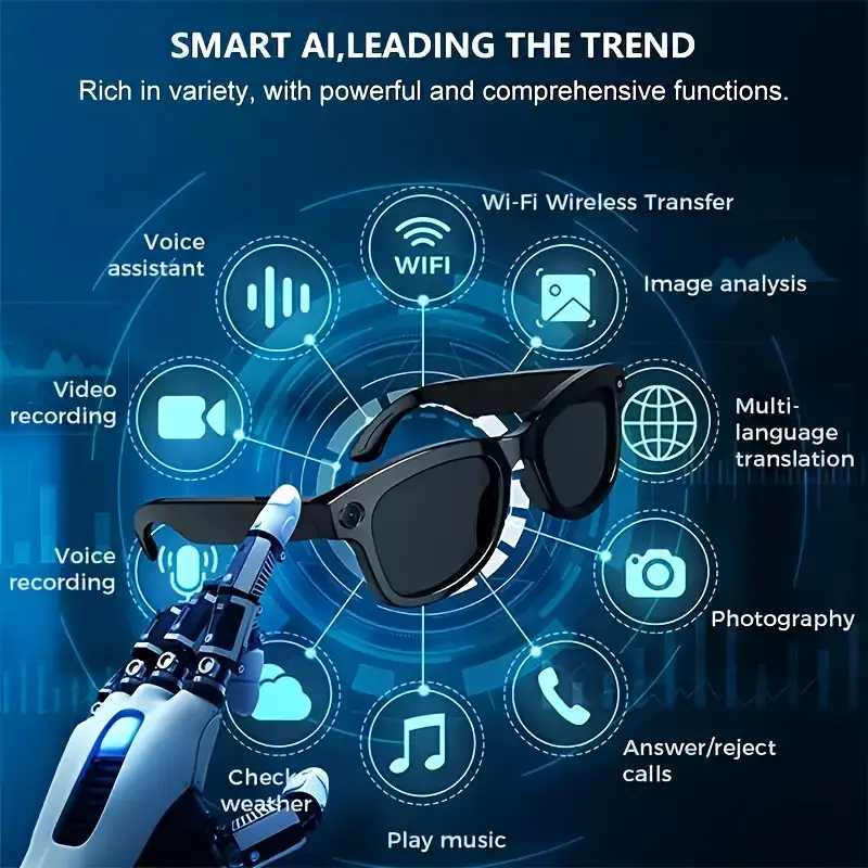 Smart AI Camera Glasses with HD Video Recording, Built-in Speakers, Voice Assistant & Blue Light Protection
