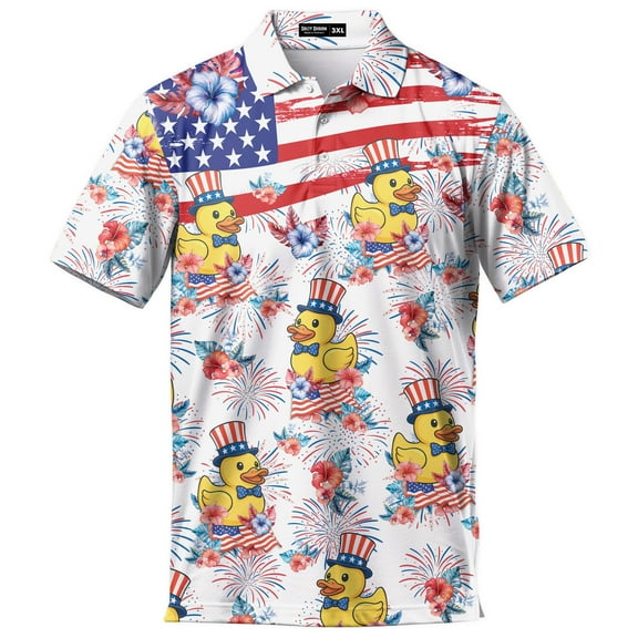 American Flag Rubber Duck Polo Shirts For Men Floral USA Flag Mens Polo Shirts Short Sleeve Button Up Golf Shirts