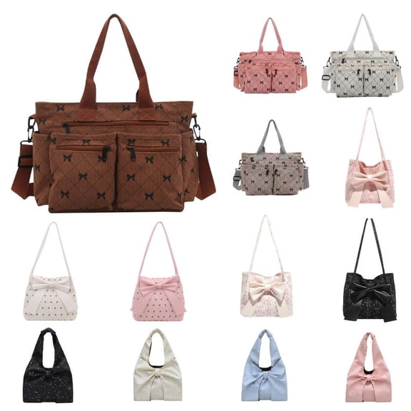 JGTDBPO Tote Bag for Women,Large Capacity Bow Print Corduroy Multi-Pocket Handbags with Detachable Adjustable Strap for Daily Travel Brown