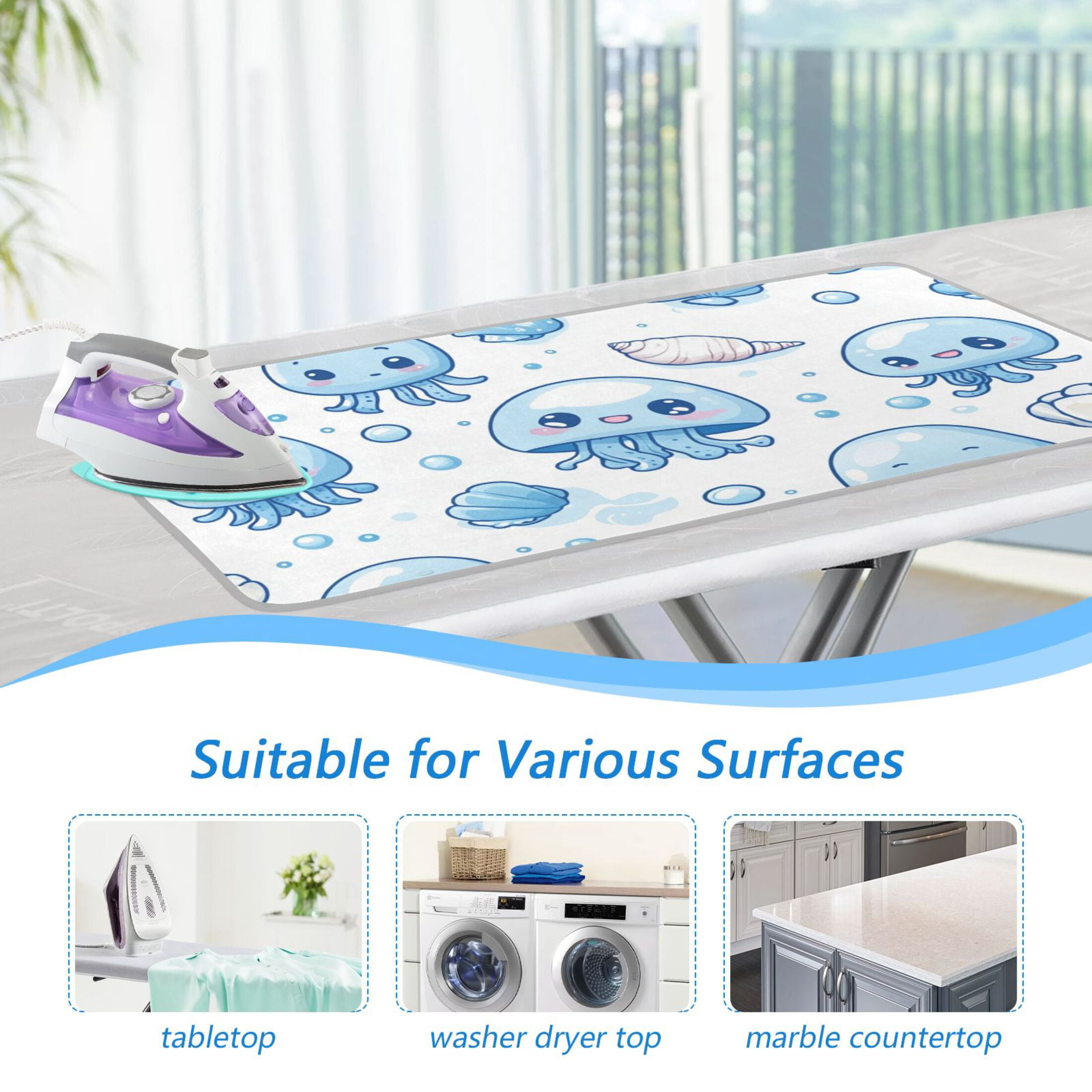 Blue Jellyfishes Shells Bubbles Cartoon Ironing Mat Blanket Portable Travel Ironing Pad Heat Resistant Pad 47.2" x 27.6”