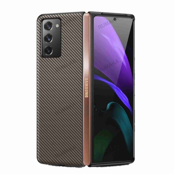 Dteck Samsung Galaxy Z Fold 2 Case, Carbon Fiber Texture Leather Case for Samsung Z Fold 3 (7.6"), Shockproof 360 Full Protection Fold 2 (2020) Cover(Gold)