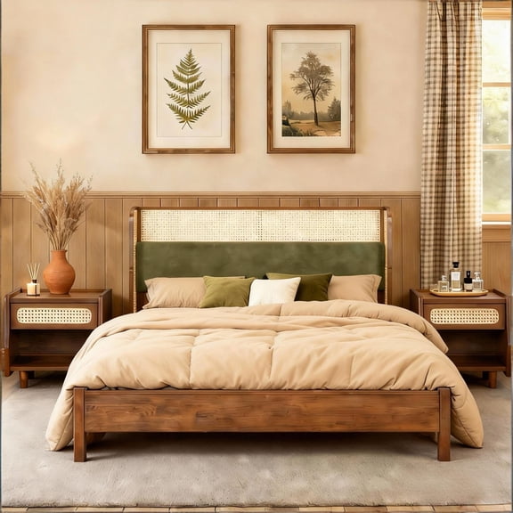 Christopher Knight Home Boho King Bed Frame and Nightstand Set, Green Upholstered Headboard, Walnut