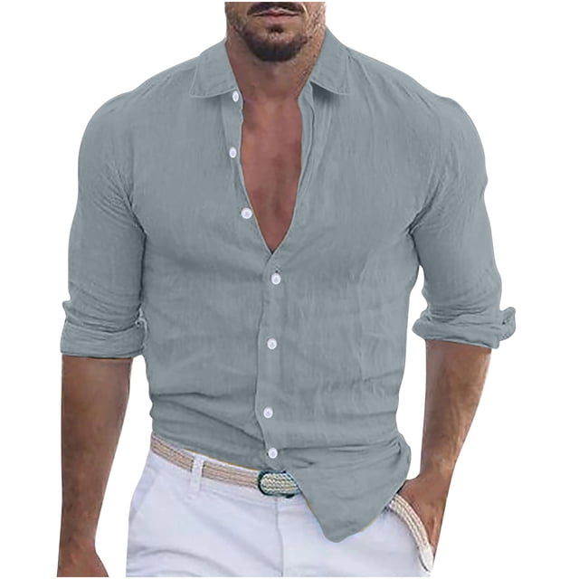 YanHoo Mens Linen Shirts Long Sleeve Button Down for Beach Wedding Summer Solid Casual Basic Button Up Shirts