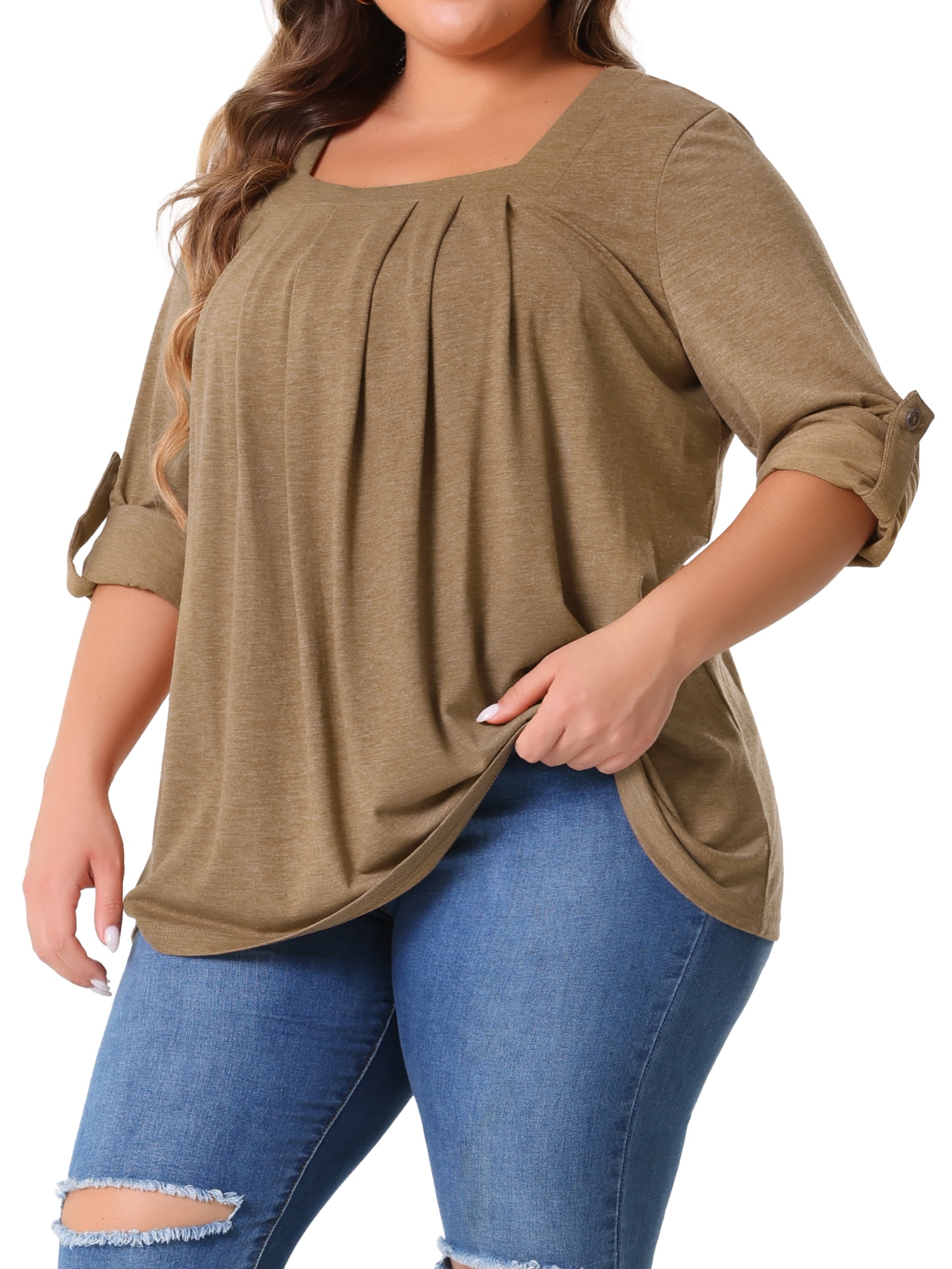 DARING DIVA Women's Plus Long Sleeves Square Neck Flowy Pleated Top 1X Brown