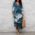 thumbnail image 4 of COEQINE Womens Plus Size Dress Loose V Neck 3/4 Sleeve Flattering Wrap Dress, Wrinkle-Free Machine Washable Boho Sundress for Cocktail Party, Size 3XL, Pine Landscape Blue, 4 of 6