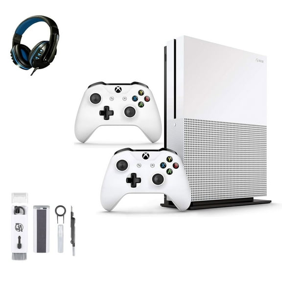 Pre-Owned Microsoft Xbox One S 500GB with 2 Controller, 4K Ultra HD White with BOLT AXTION Cleaning Kit Headset Bundle