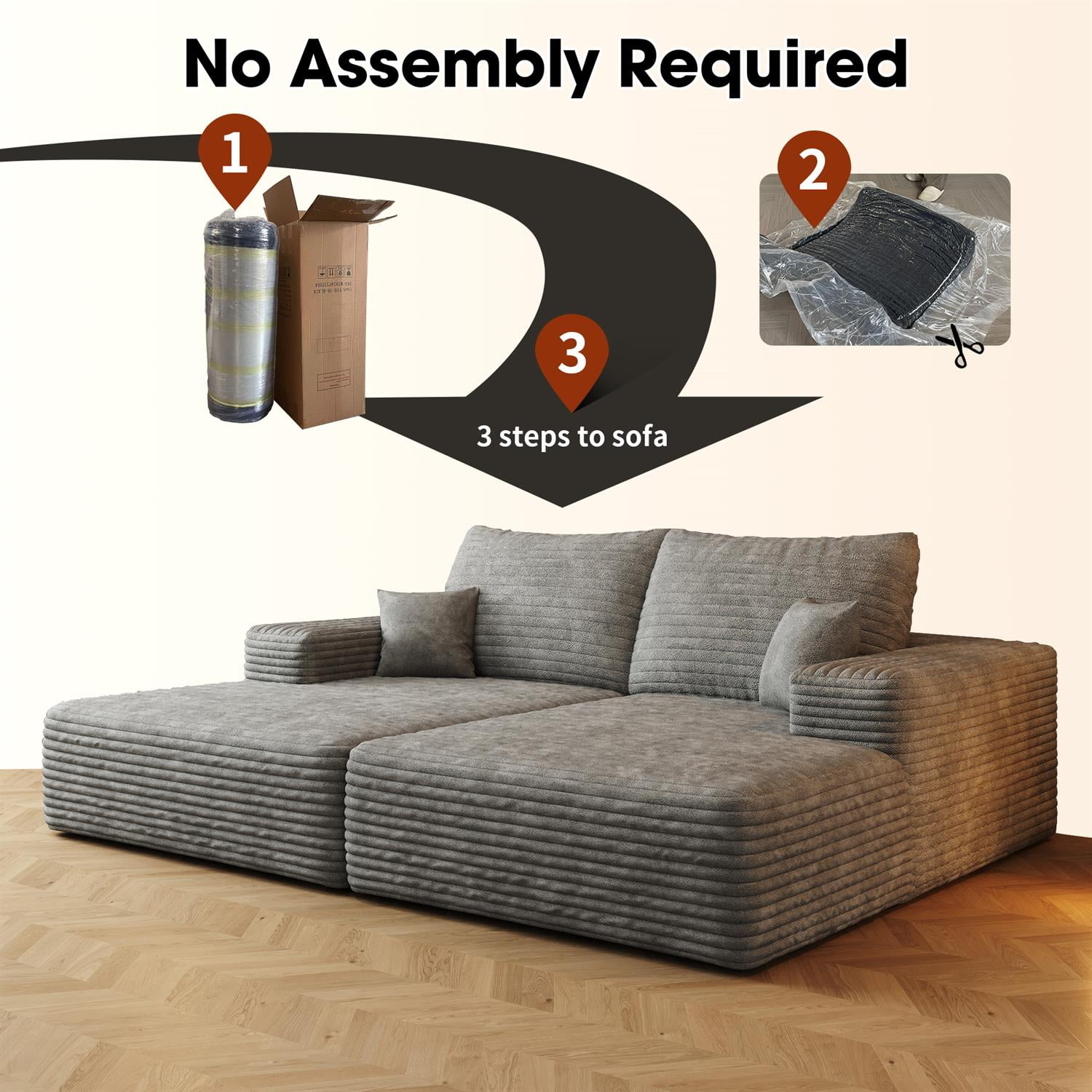 Demi Bonn 74.8" Modern Plush Corduroy Sofa Bed, Dual Sleeper & Lounger for Movie Room, No Assembly Needed, Gray