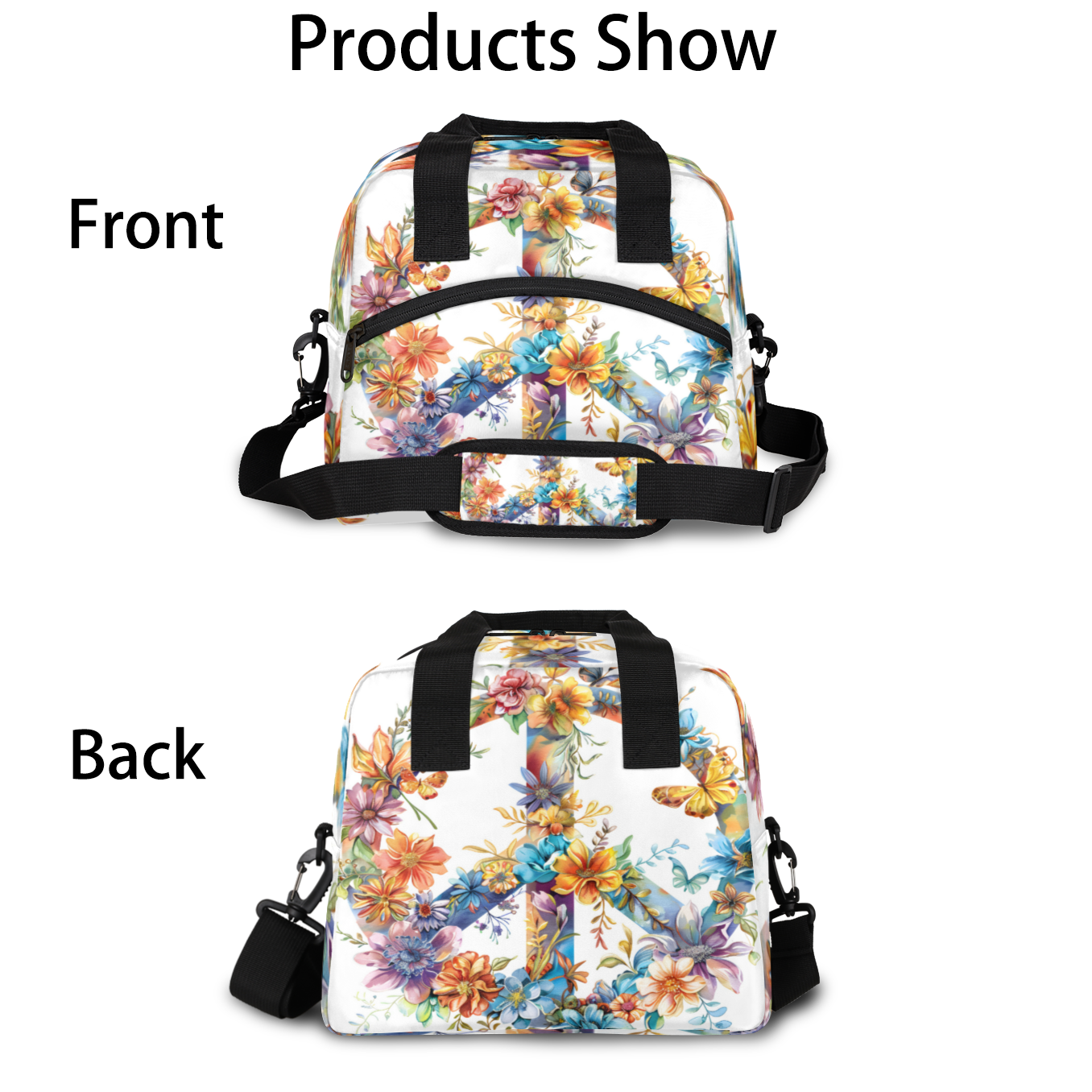 Herdesigns Hippie Flowers Insulated Lunch Bag for Women Men Adults Large Reusable Lunch Box Peace Sign Leakproof Cooler Tote Bags with Adjustable Shoulder Strap