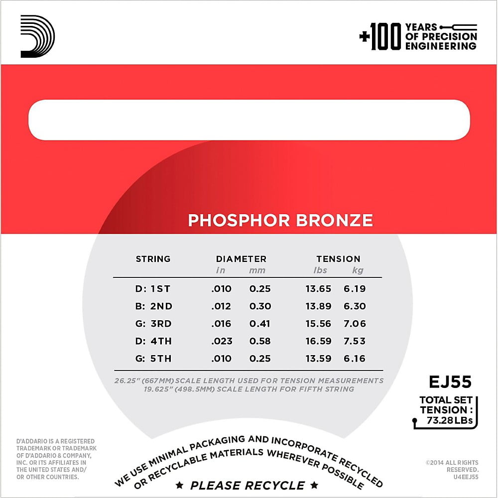 Medium 10-23 D/'Addario EJ55 5-String Banjo Strings Phosphor Bronze