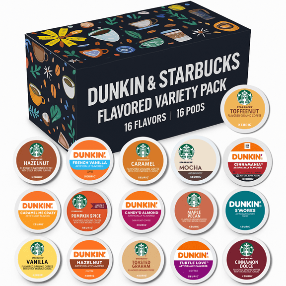 Starbucks & Dunkin Flavored Coffee Pods Variety Pack – 16 Flavors, 16 K-Cup Pods – Flavored K Cups Coffee Variety Pack Sampler – Keurig Compatible – Unisex Gift Box Ready