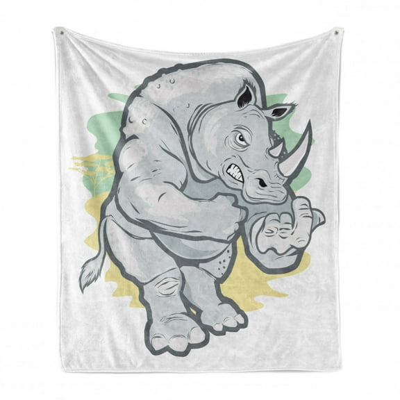 Animal Soft Flannel Fleece Throw Blanket, Angry Muscular Horned Animal Cartoon Pastel Tones Funny Design Illustration, Cozy Plush for Indoor and Outdoor Use, 50" x 60", Multicolor, by Ambesonne