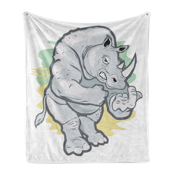 Animal Soft Flannel Fleece Throw Blanket, Angry Muscular Horned Animal Cartoon Pastel Tones Funny Design Illustration, Cozy Plush for Indoor and Outdoor Use, 50" x 60", Multicolor, by Ambesonne