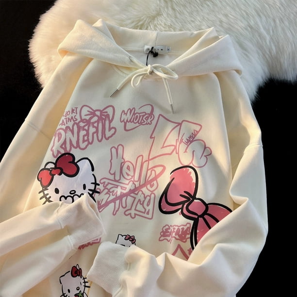 Nueva sudadera con capucha de otoño e invierno con estampado de Hello Kitty y cuello redondo para mujer, top de terciopelo holgado con dibujos animados versátiles japoneses
