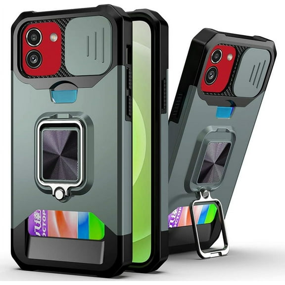 Case for Samsung Galaxy A03 with Card Holders, Cover with Slide Camera Protection Built-in Magnetic Kickstand Phone Case for Samsung Galaxy A03 TC Green