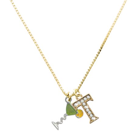 Delight Jewelry Silver-tone Tropical Drink - Lime Green - Large Goldtone Crystal Initial - T - Charm Necklace 17.5 +2