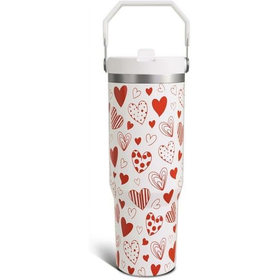 Valentine''s Day Gifts for Women Girls, 30 Oz Tumbler with Top Handle and Flip Straw, Red Hearts Stainless Steel Insulated Travel Coffee Cup, Lover Birthday Wedding Water Bottle for Her