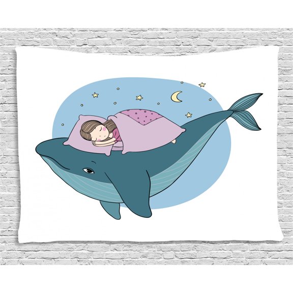 Whale Tapestry, Hand Drawn Style Little Girl is Sleeping on a Whale Cozy Bed in the Night Sea, Wall Hanging for Bedroom Living Room Dorm Decor, 80W X 60L Inches, Blue Lilac Yellow, by Ambesonne