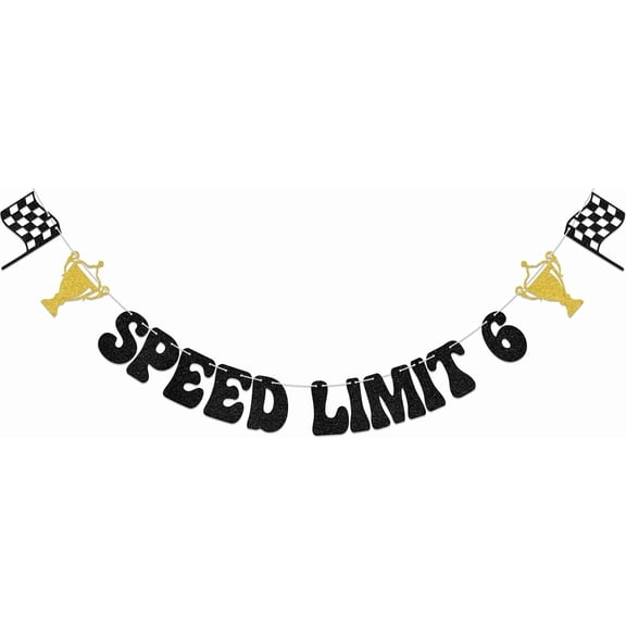Black & Gold Speed Limit 6 Banner, Happy 6th Birthday Banner, Racing Car Theme 6th Birthday Party Decorations, Cheers to 6 Years Old Bday Party Supplies Double-Sided
