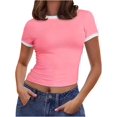 thumbnail image 1 of Womens Summer Tops Womens U Neck Tops Women Summer Short Sleeve Crewneck Stripe Shirts Slim Fit Ribbed Knit Basic Tee Graphi, 1 of 7
