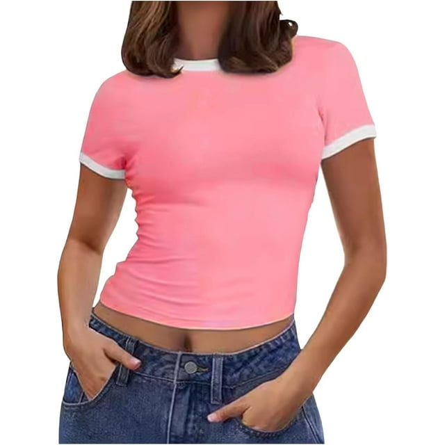 Womens Summer Tops Womens U Neck Tops Women Summer Short Sleeve Crewneck Stripe Shirts Slim Fit Ribbed Knit Basic Tee Graphi