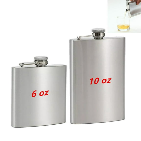 Pack of 2 Stainless Steel Liquor Pocket Hip Flask Alcohol Whiskey Screw Cap Flagon Portable Travel (6 oz & 10 oz)
