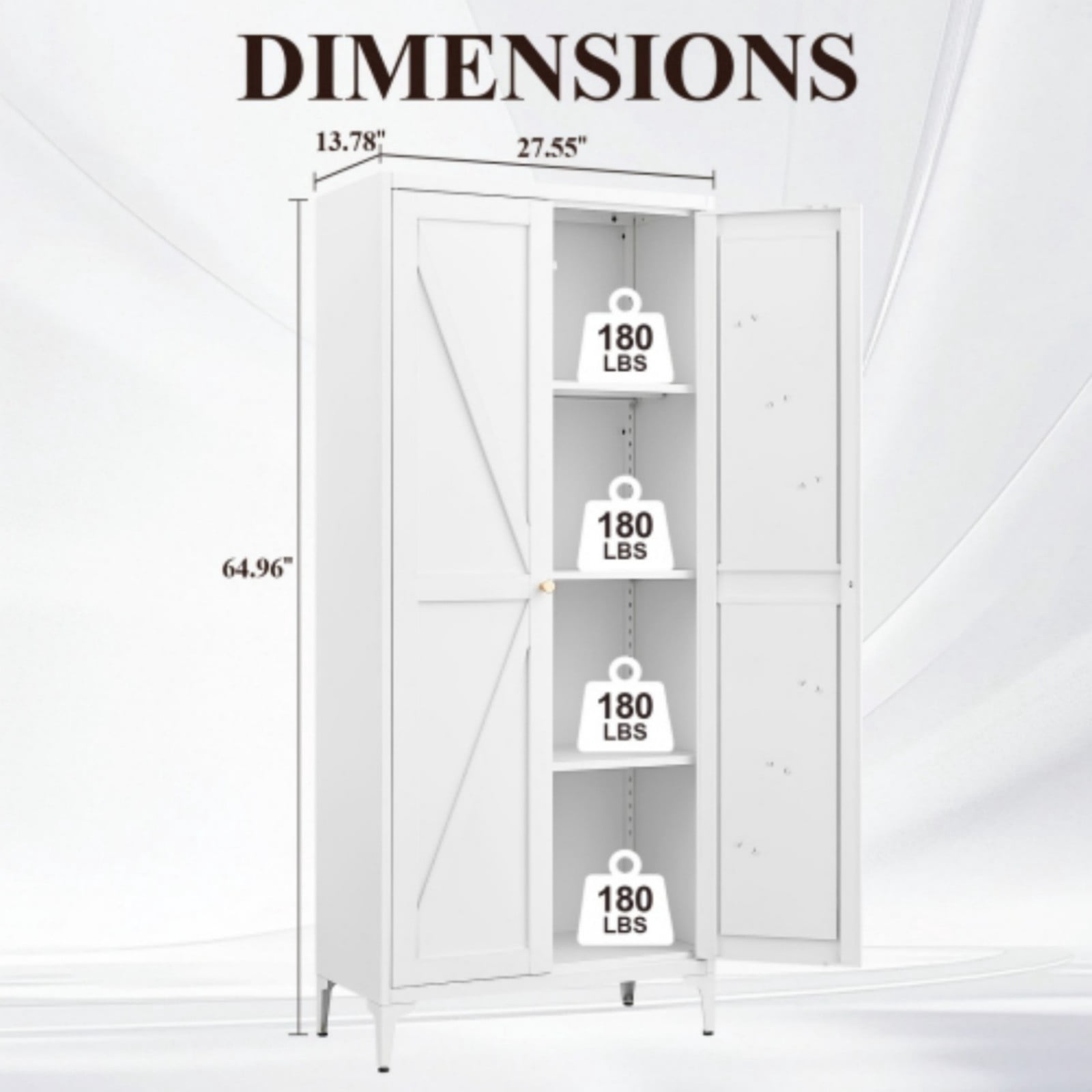65" H Metal Storage Cabinet, 2-Door Steel Pantry Cabinet with Adjustable Shelves, Freestanding Kitchen Storage Cabinet for Living Room, Bedroom, Office, White
