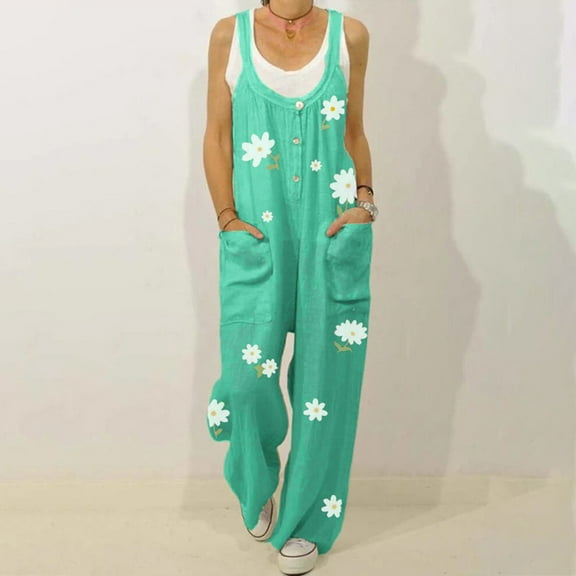 Clearance!lulshou Women Pants Women's Buttoned Round Neck Floral Print Casual Comfortable Camisole Jumpsuit